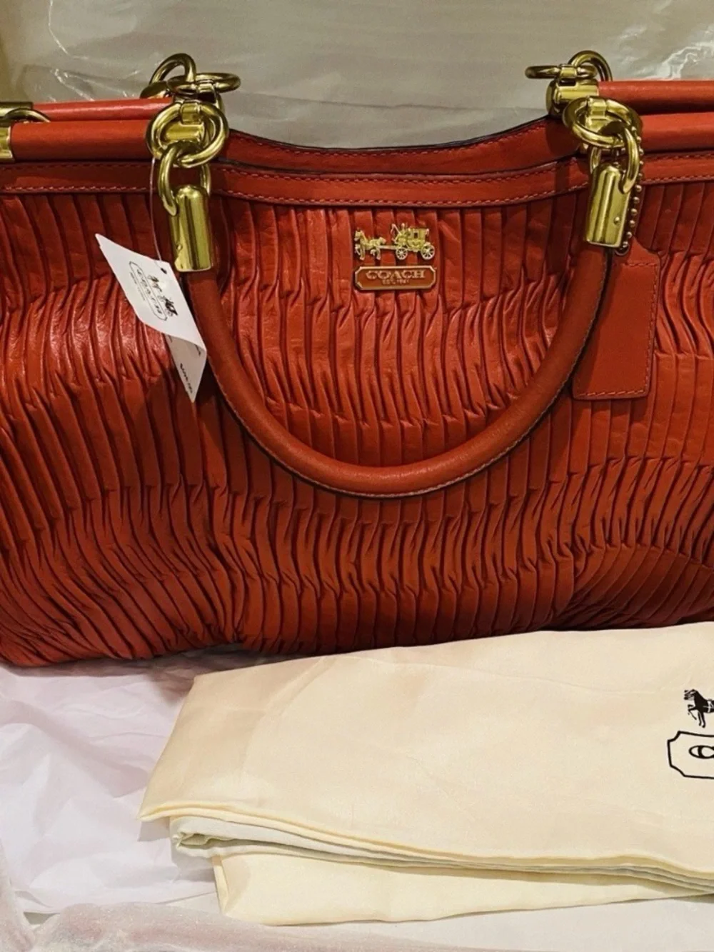 Coach Madison Carrie Gathered Leather Satchel Bag Coral